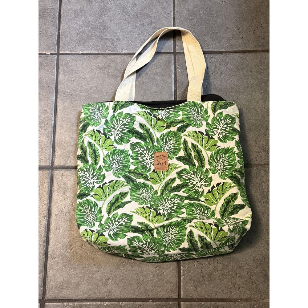Handmade Thailand Tropical Monstera Leaf Canvas Tote Bag Zip Top Lined